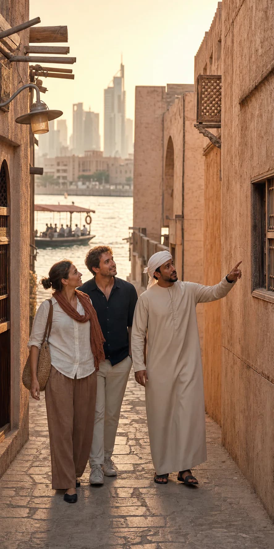 A local guide sharing Old Dubai's architecture with two guests by the Creek