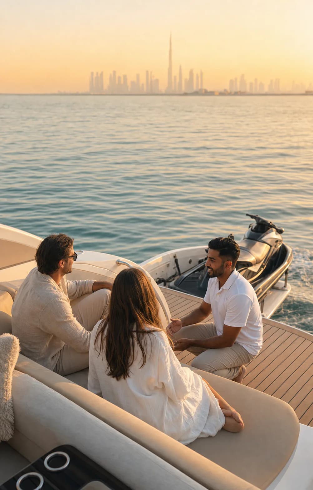 Guests and their host relaxing on a private yacht across Dubai's Arabian Gulf