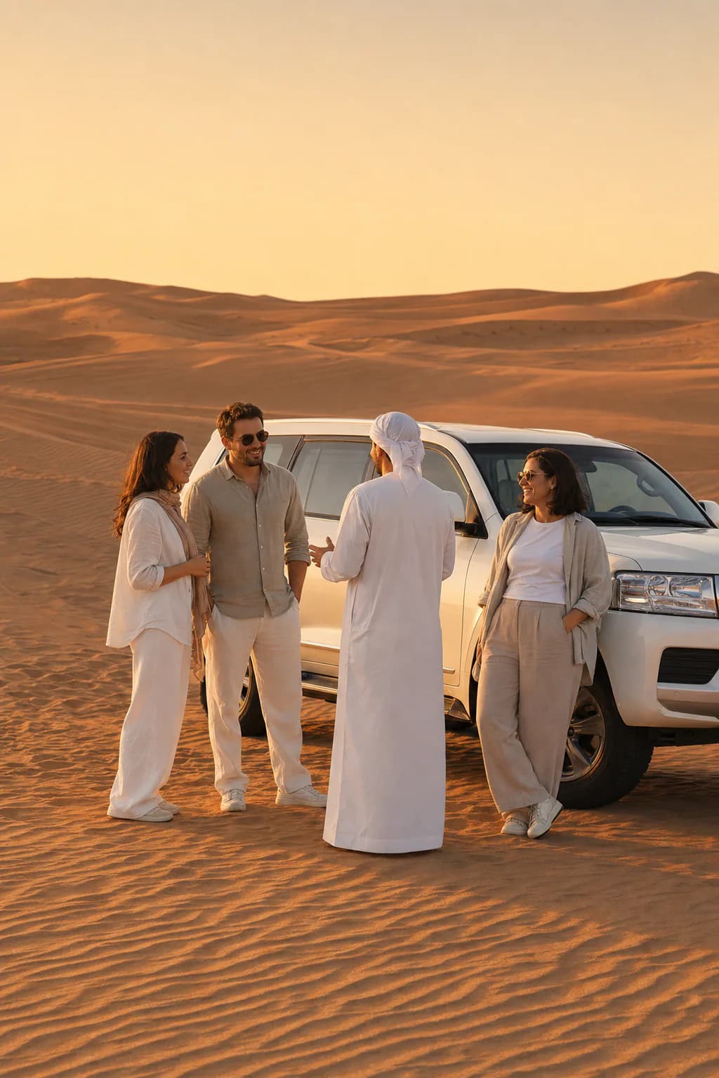 A local host welcoming guests beside a private 4x4 in Dubai's golden dunes